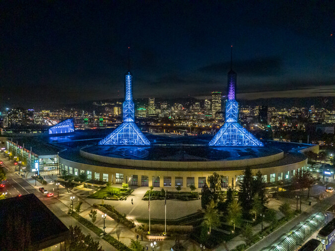 A night view of the Portland cityscape.
