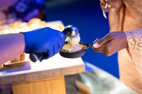 A person in a blue glove is serving ice cream.