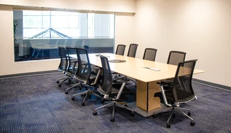 Modern conference room with a long wooden table and nine black mesh chairs on blue carpet. Large windows provide natural light, creating a formal atmosphere.
