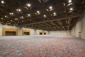 Spacious empty ballroom with unique geometric wooden ceiling, red and gray carpeted floor, and wooden-framed doors, creating a modern, open ambiance.