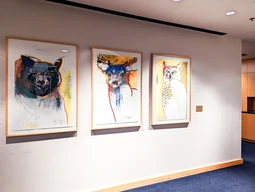 Three framed animal portraits on a wall.